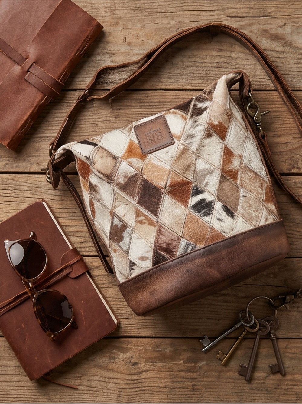 STS Ranchwear Brown Multi Patchwork Cowhide Crossbody Bucket Bag - Picture 5 of 14